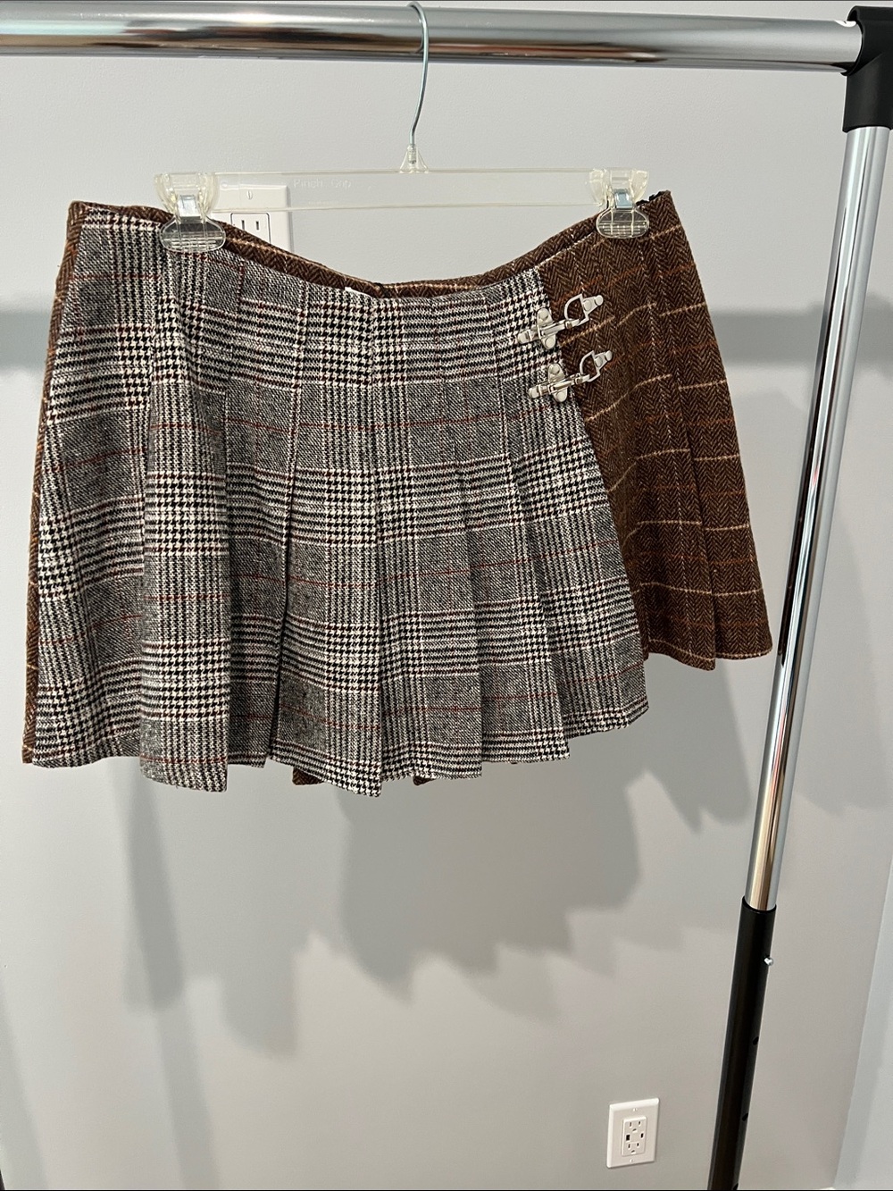 Avec Les Filles Plaid Pleated Mini Skirt with Buckle Detail - Brown/Grey